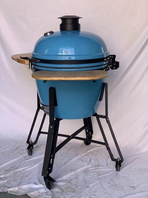 Charcoal 22 Inchs Ceramic Kamado Grills Blue Smooth Surface BBQ Bamboo Handlle